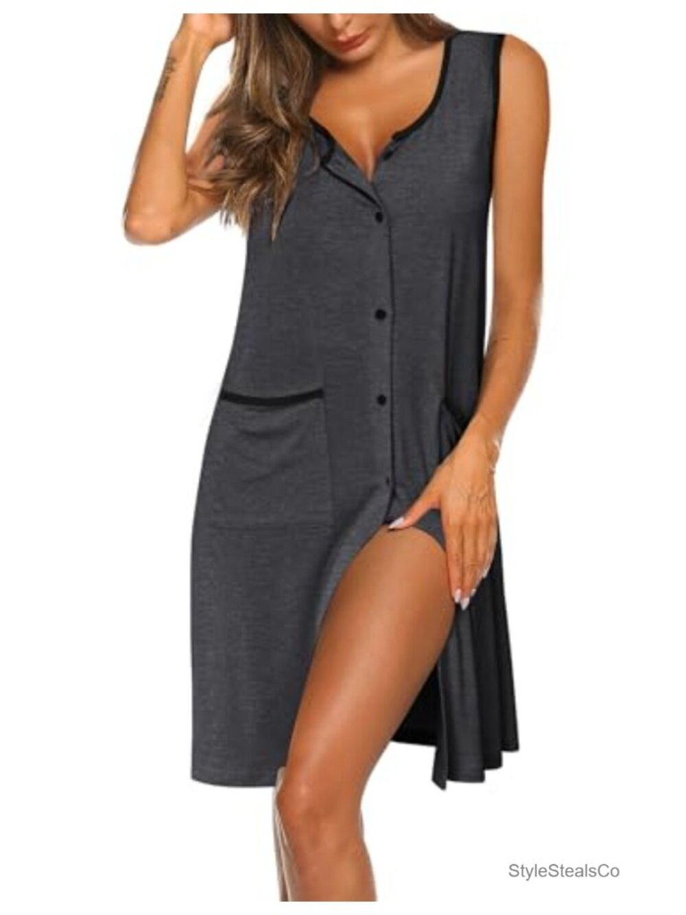 Button Down Sleep Shirt Sleeveless Nightgown with Pockets Soft Lounge Dress